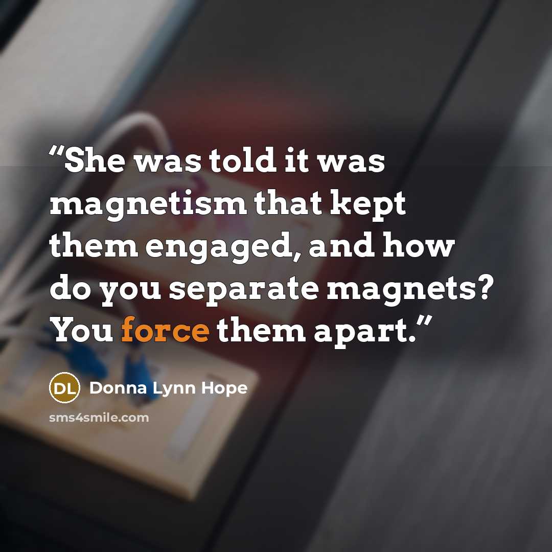 “She was told it was magnetism that kept them engaged, and how do you separate magnets? You force them apart.” quote by Donna Lynn Hope