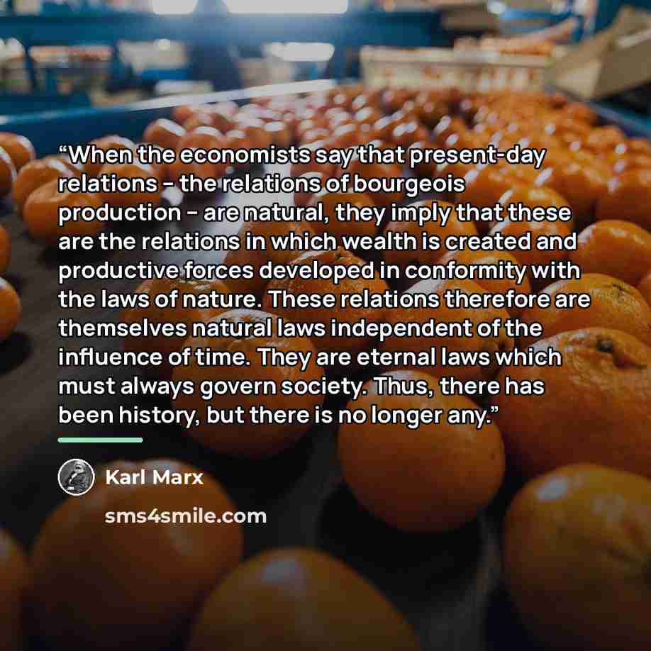 “When the economists say that present-day relations – the relations of bourgeois production – are natural, they imply that these are the relations in which wealth is created and productive forces developed in conformity with the laws of nature. These relations therefore are themselves natural laws…” quote by Karl Marx