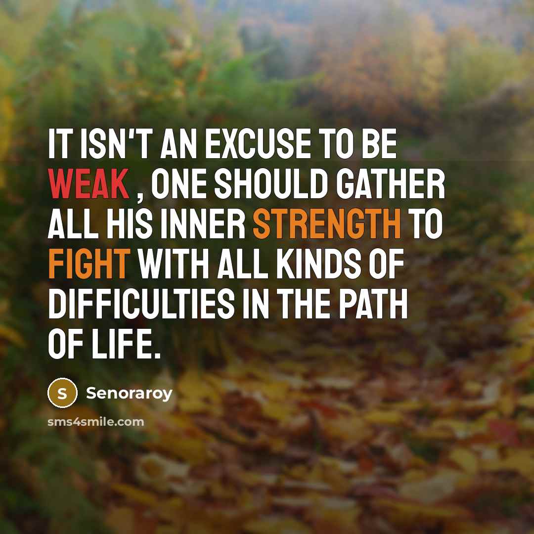 “It isn't an excuse to be weak , one should gather all his inner strength to fight with all kinds of difficulties in the path of life.” quote by Senoraroy