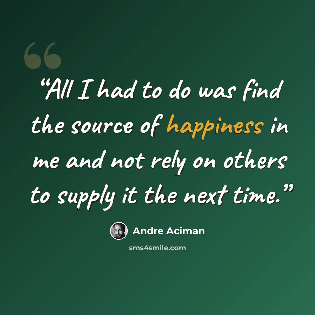 “All I had to do was find the source of happiness in me and not rely on others to supply it the next time.” quote by André Aciman