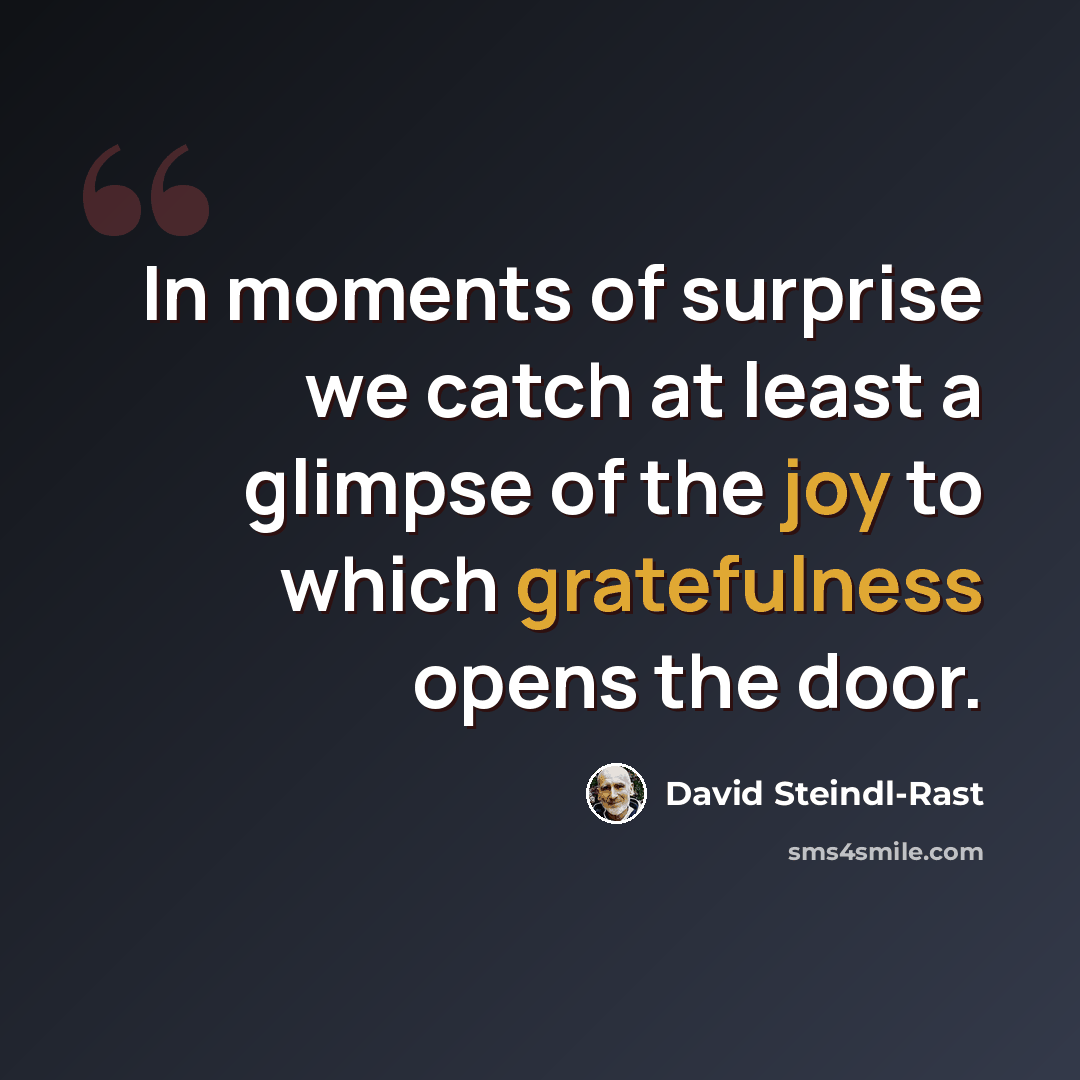 “In moments of surprise we catch at least a glimpse of the joy to which gratefulness opens the door.” quote by David Steindl-Rast