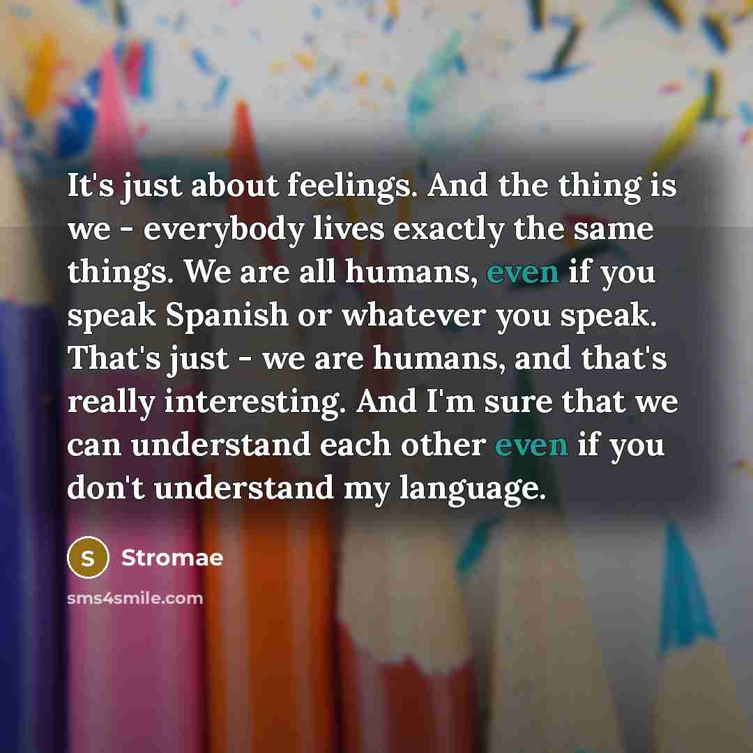 “It's just about feelings. And the thing is we - everybody lives exactly the same things. We are all humans, even if you speak Spanish or whatever you speak. That's just - we are humans, and that's really interesting. And I'm sure that we can understand each other even if you don't understand my…” quote by Stromae