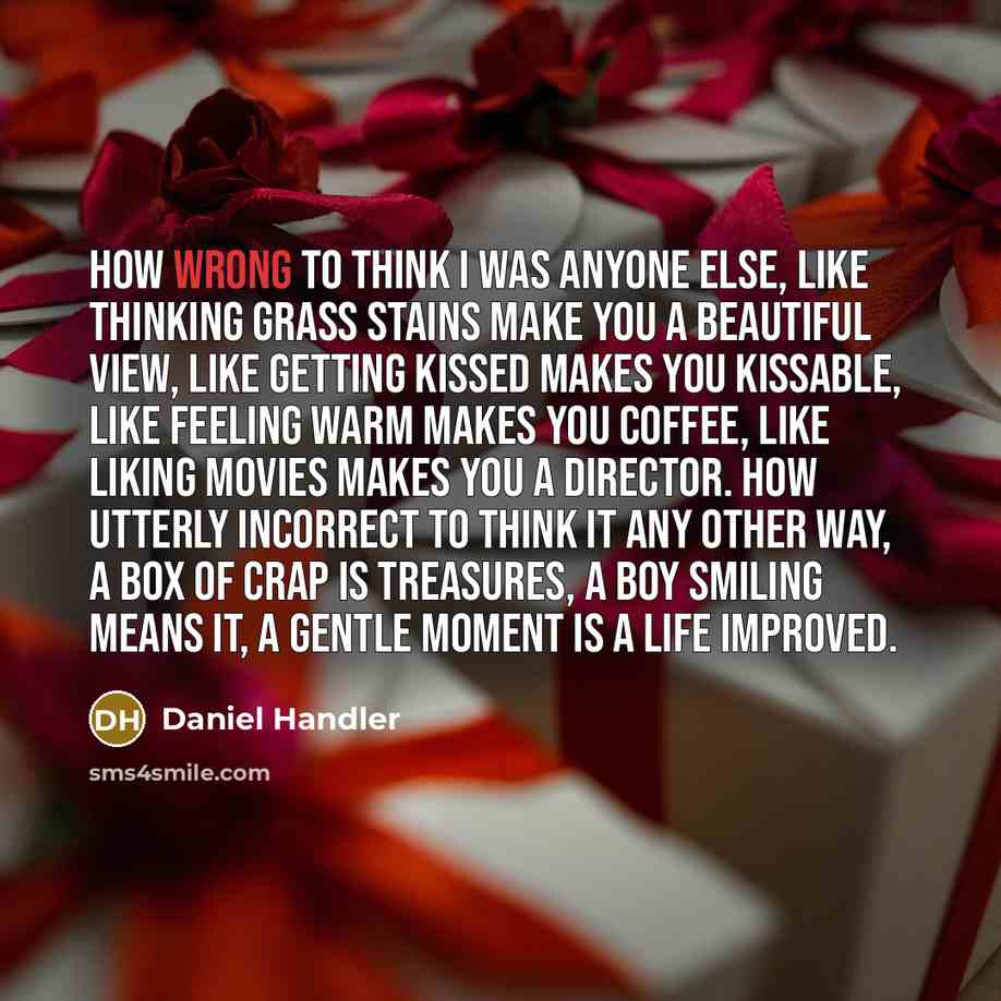 “How wrong to think I was anyone else, like thinking grass stains make you a beautiful view, like getting kissed makes you kissable, like feeling warm makes you coffee, like liking movies makes you a director. How utterly incorrect to think it any other way, a box of crap is treasures, a boy…” quote by Daniel Handler