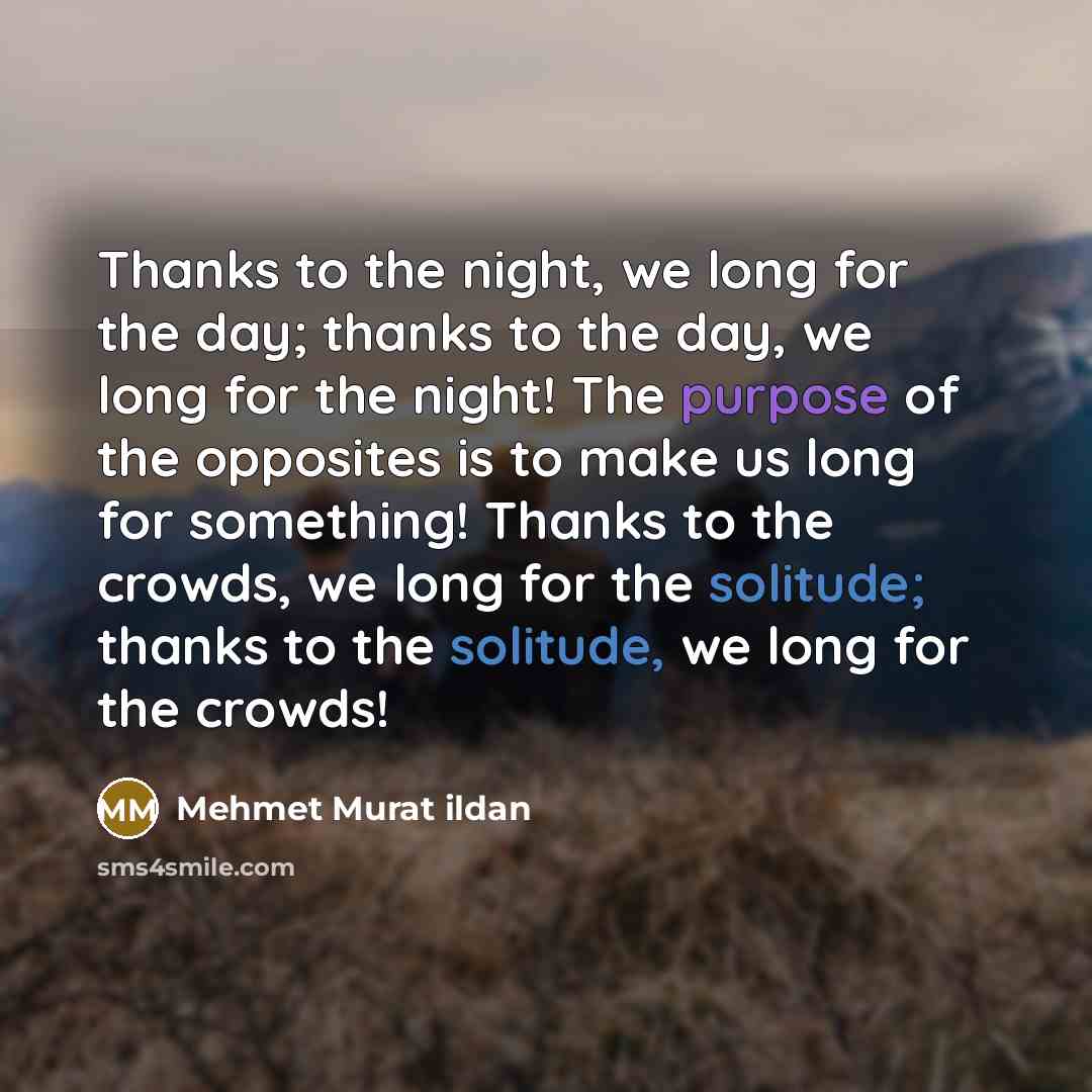 “Thanks to the night, we long for the day; thanks to the day, we long for the night! The purpose of the opposites is to make us long for something! Thanks to the crowds, we long for the solitude; thanks to the solitude, we long for the crowds!” quote by Mehmet Murat Ildan
