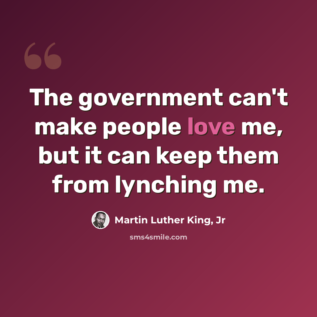 “The government can't make people love me, but it can keep them from lynching me.” quote by Martin Luther King, Jr