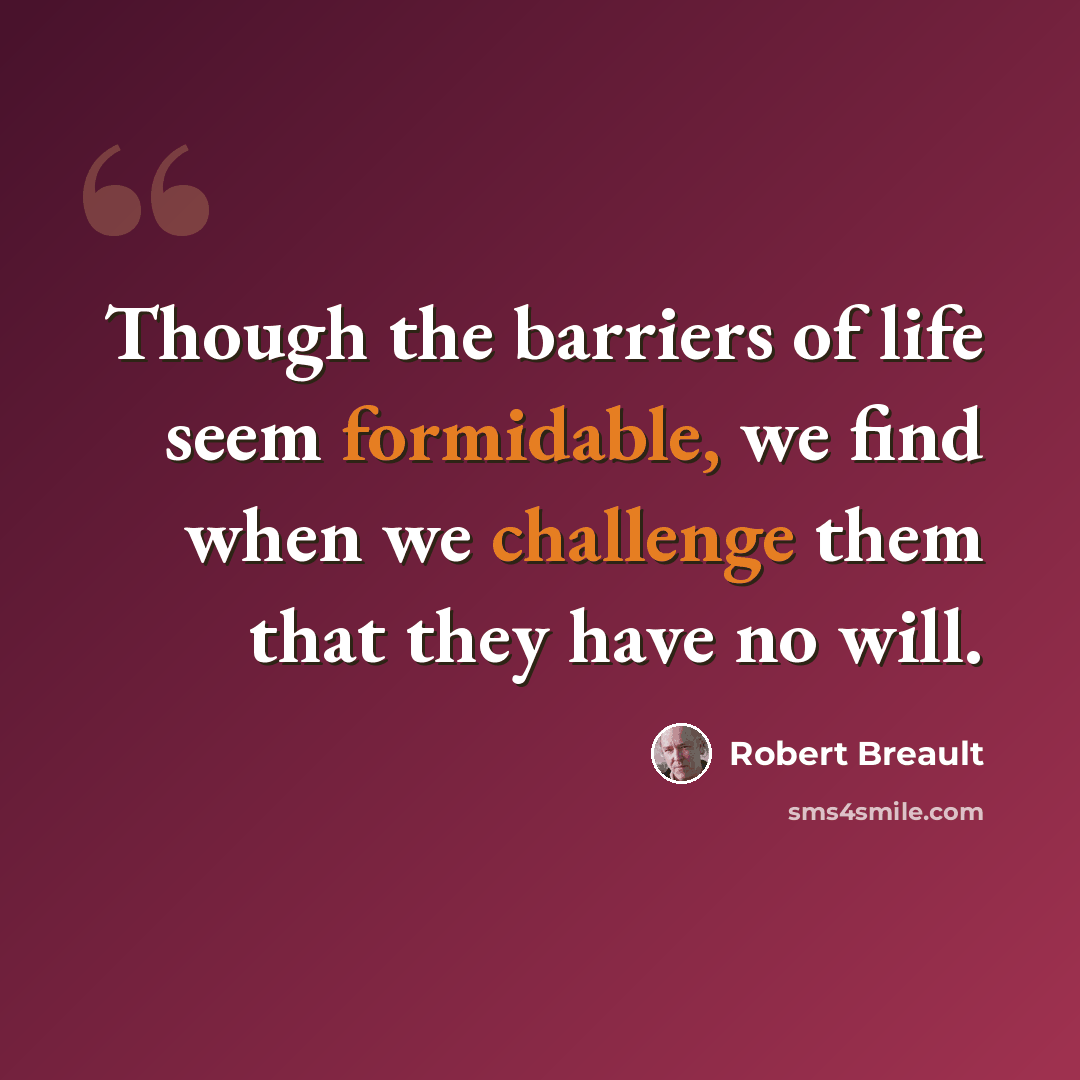 “Though the barriers of life seem formidable, we find when we challenge them that they have no will.” quote by Robert Breault