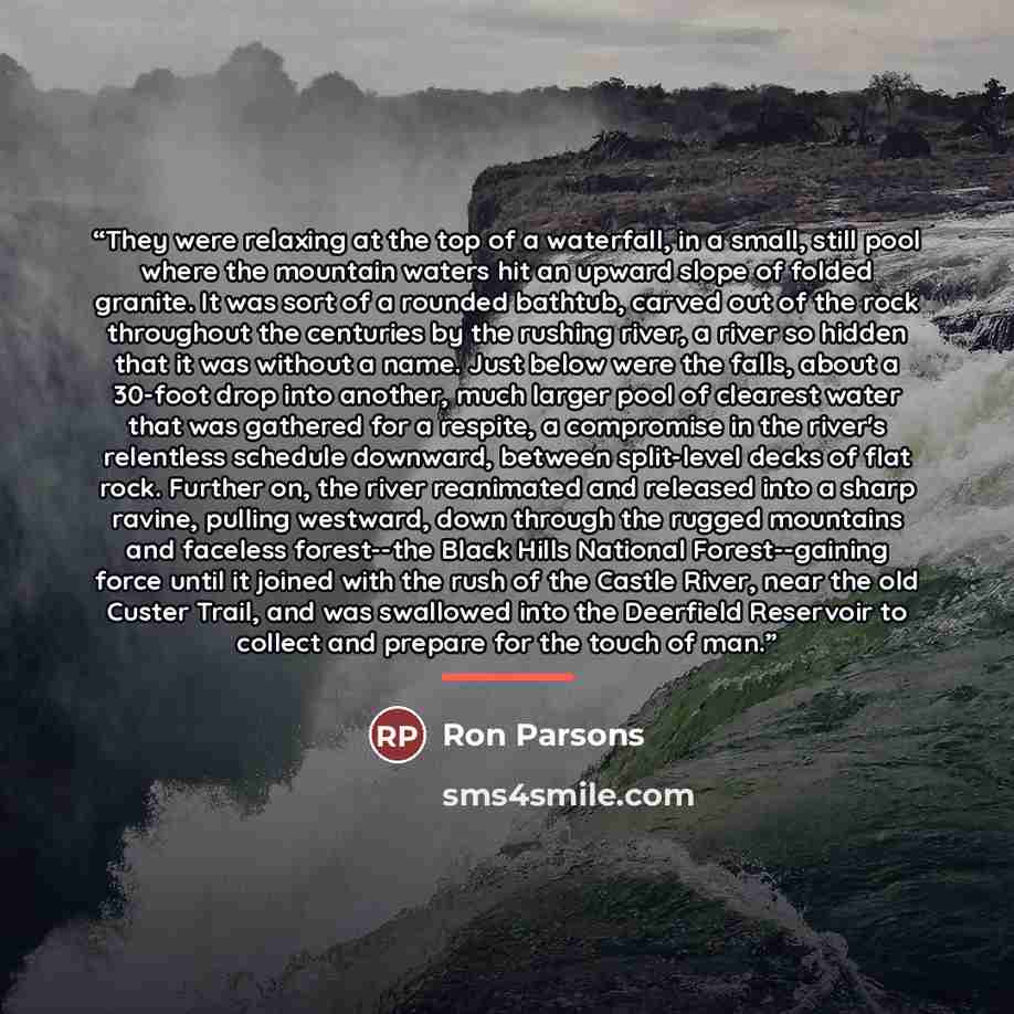 “They were relaxing at the top of a waterfall, in a small, still pool where the mountain waters hit an upward slope of folded granite. It was sort of a rounded bathtub, carved out of the rock throughout the centuries by the rushing river, a river so hidden that it was without a name. Just below…” quote by Ron Parsons