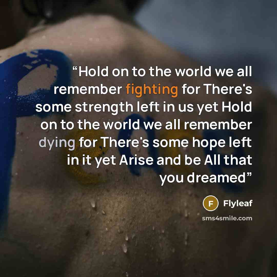 “Hold on to the world we all remember fighting for There's some strength left in us yet Hold on to the world we all remember dying for There's some hope left in it yet Arise and be All that you dreamed” quote by Flyleaf