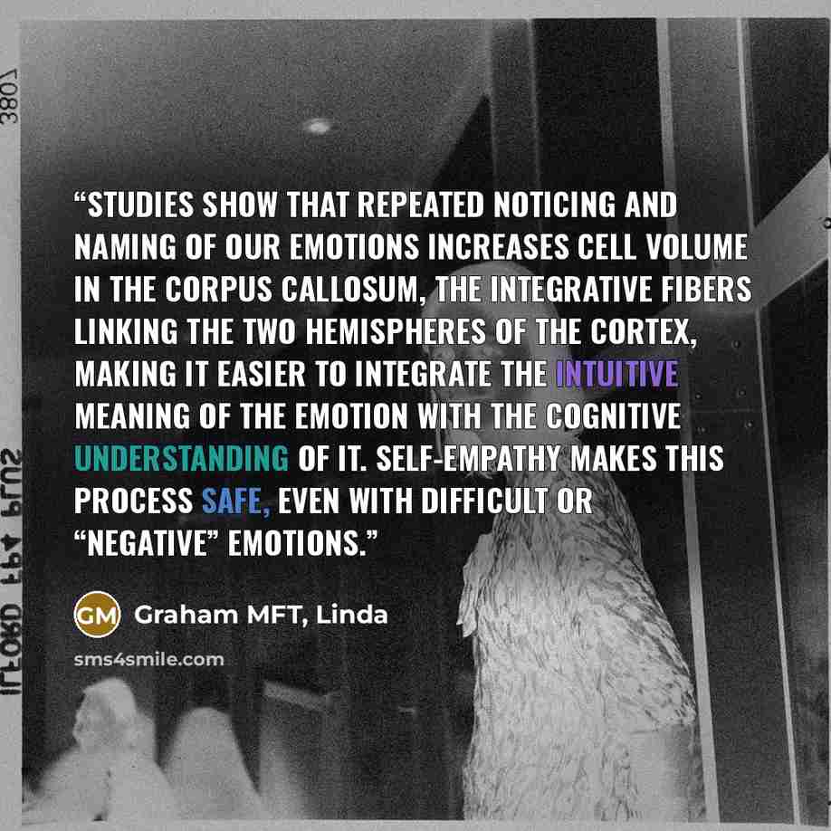 “Studies show that repeated noticing and naming of our emotions increases cell volume in the corpus callosum, the integrative fibers linking the two hemispheres of the cortex, making it easier to integrate the intuitive meaning of the emotion with the cognitive understanding of it. Self-empathy…” quote by Graham MFT, Linda