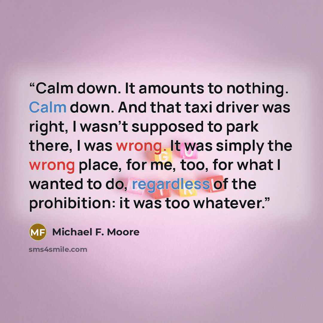 “Calm down. It amounts to nothing. Calm down. And that taxi driver was right, I wasn't supposed to park there, I was wrong. It was simply the wrong place, for me, too, for what I wanted to do, regardless of the prohibition: it was too whatever.” quote by Michael F. Moore
