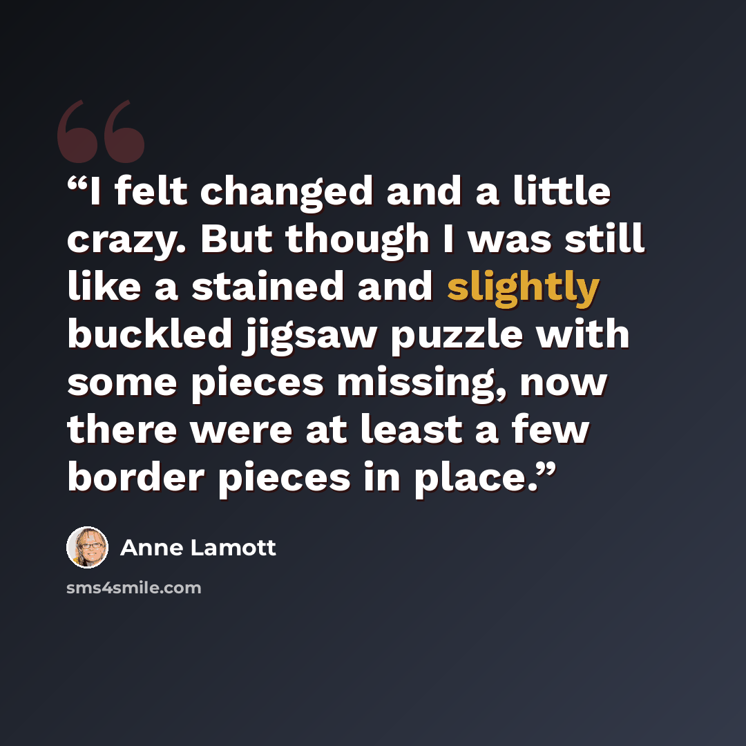 “I felt changed and a little crazy. But though I was still like a stained and slightly buckled jigsaw puzzle with some pieces missing, now there were at least a few border pieces in place.” quote by Anne Lamott