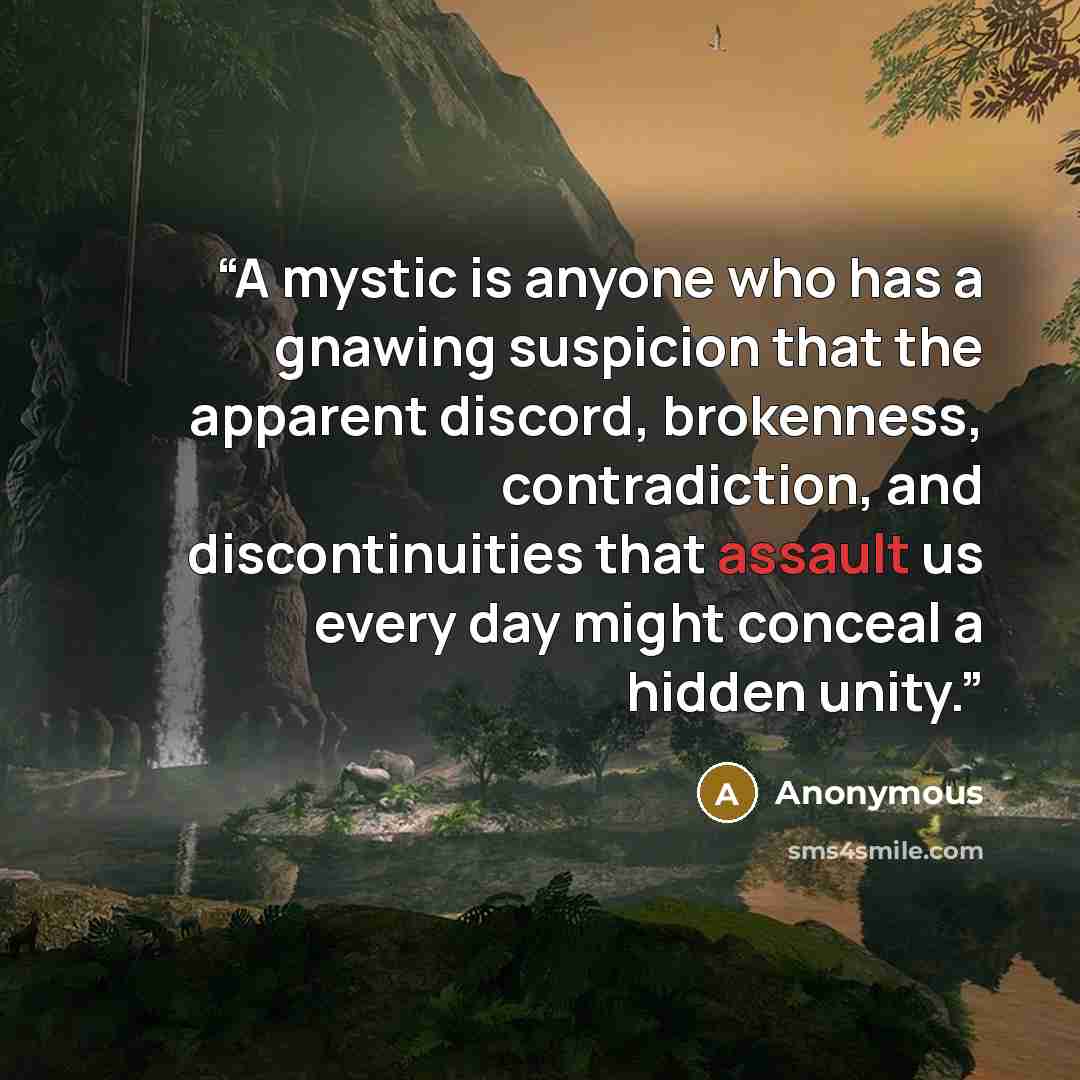 “A mystic is anyone who has a gnawing suspicion that the apparent discord, brokenness, contradiction, and discontinuities that assault us every day might conceal a hidden unity.” quote by Anonymous