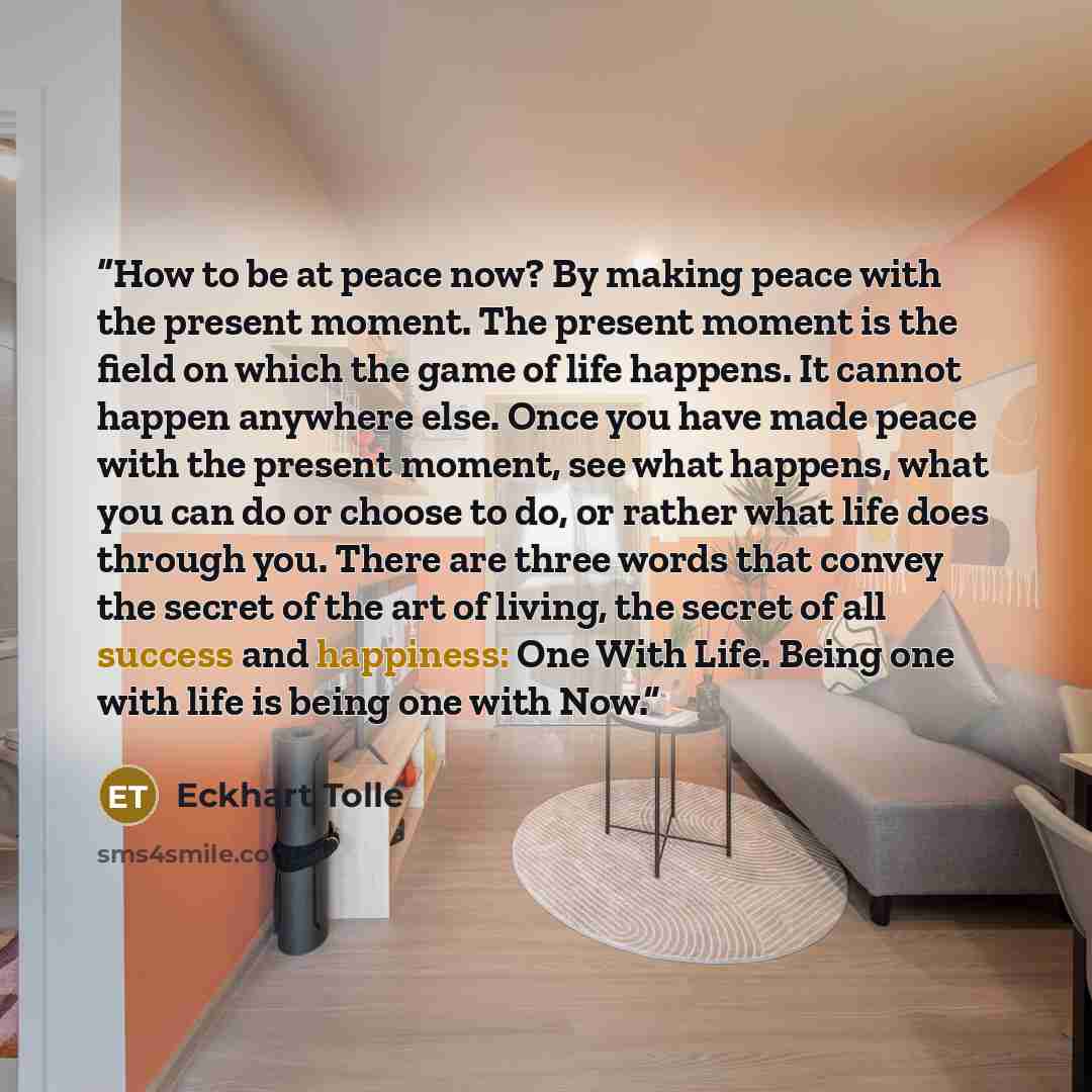 “How to be at peace now? By making peace with the present moment. The present moment is the field on which the game of life happens. It cannot happen anywhere else. Once you have made peace with the present moment, see what happens, what you can do or choose to do, or rather what life does through…” quote by Eckhart Tolle