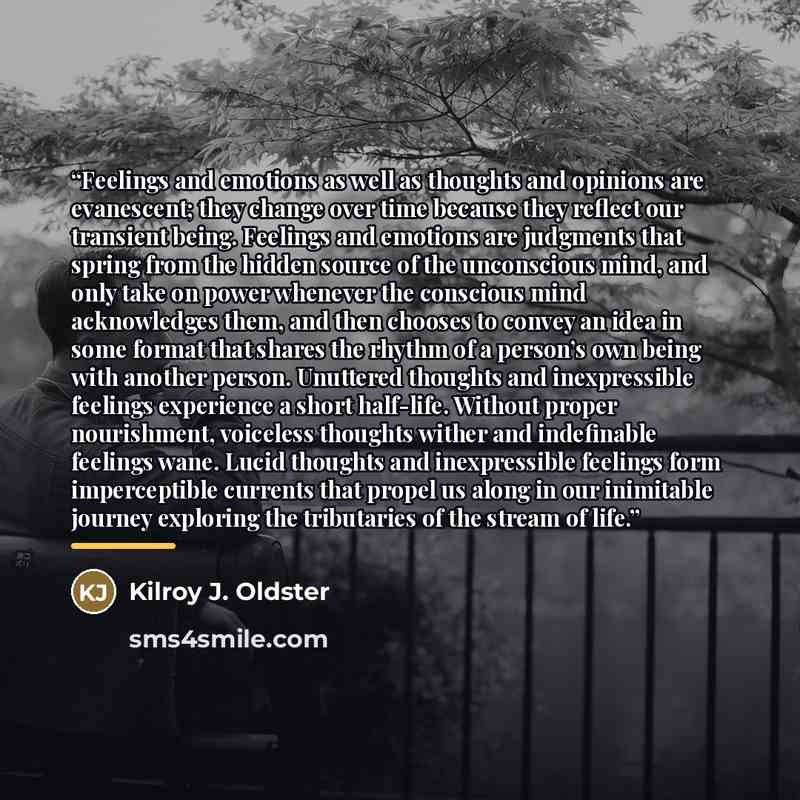 “Feelings and emotions as well as thoughts and opinions are evanescent; they change over time because they reflect our transient being. Feelings and emotions are judgments that spring from the hidden source of the unconscious mind, and only take on power whenever the conscious mind acknowledges…” quote by Kilroy J. Oldster