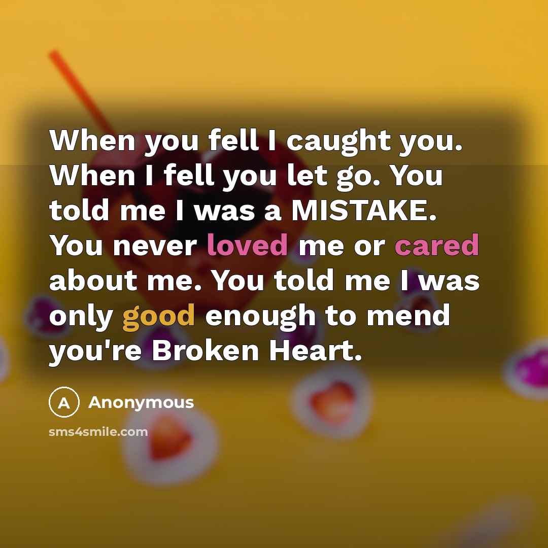 “When you fell I caught you. When I fell you let go. You told me I was a MISTAKE. You never loved me or cared about me. You told me I was only good enough to mend you're Broken Heart.” quote by Anonymous