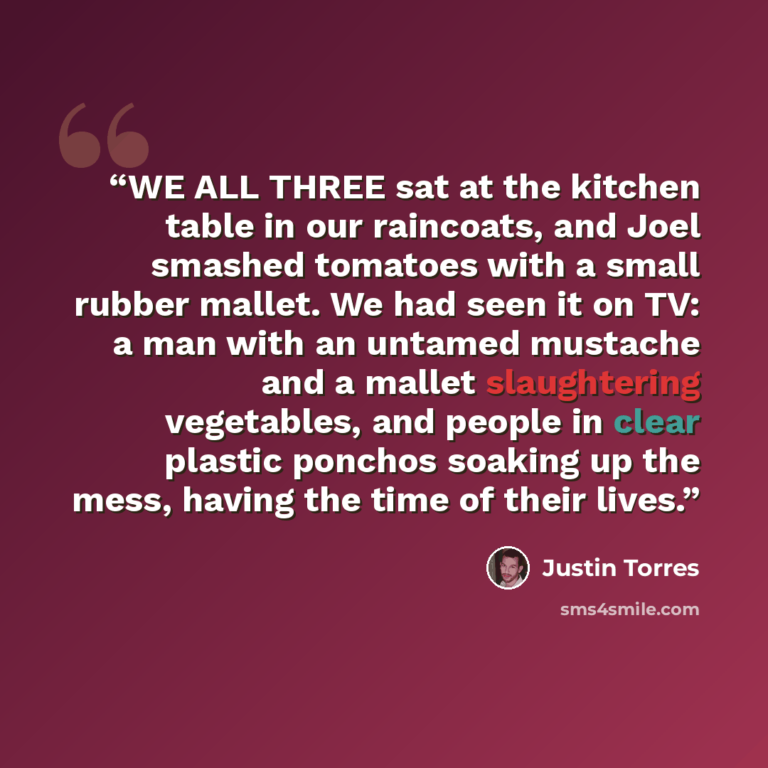 “WE ALL THREE sat at the kitchen table in our raincoats, and Joel smashed tomatoes with a small rubber mallet. We had seen it on TV: a man with an untamed mustache and a mallet slaughtering vegetables, and people in clear plastic ponchos soaking up the mess, having the time of their lives.” quote by Justin Torres