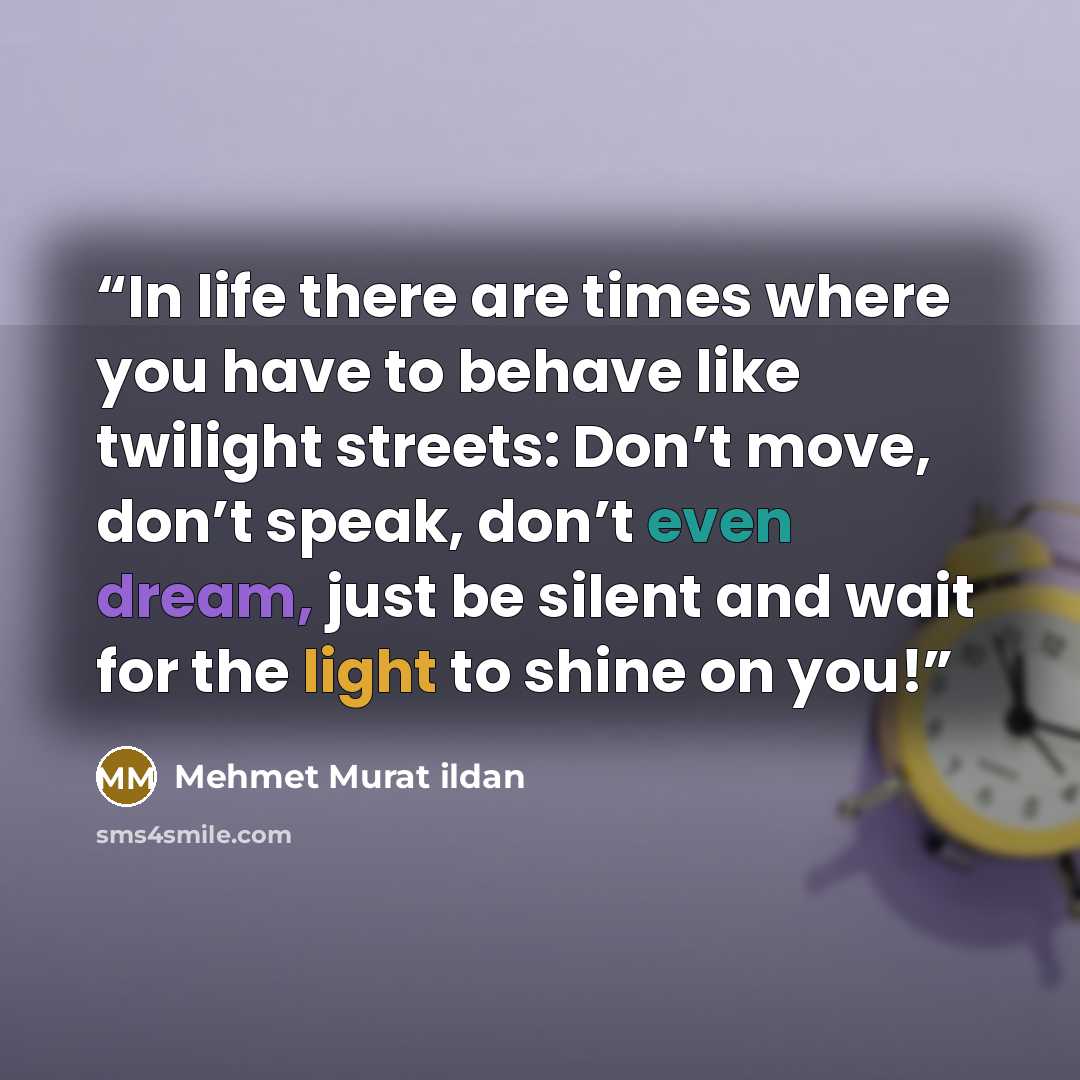 “In life there are times where you have to behave like twilight streets: Don’t move, don’t speak, don’t even dream, just be silent and wait for the light to shine on you!” quote by Mehmet Murat ildan