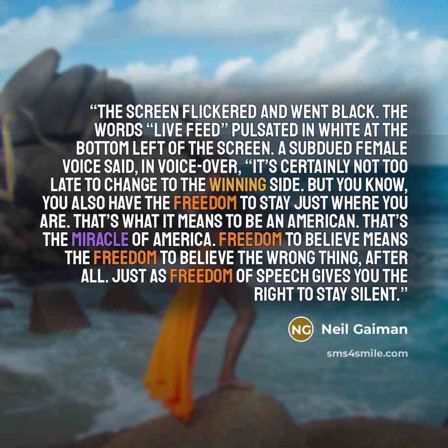 “The screen flickered and went black. The words “LIVE FEED” pulsated in white at the bottom left of the screen. A subdued female voice said, in voice-over, “It’s certainly not too late to change to the winning side. But you know, you also have the freedom to stay just where you are. That’s what it…” quote by Neil Gaiman