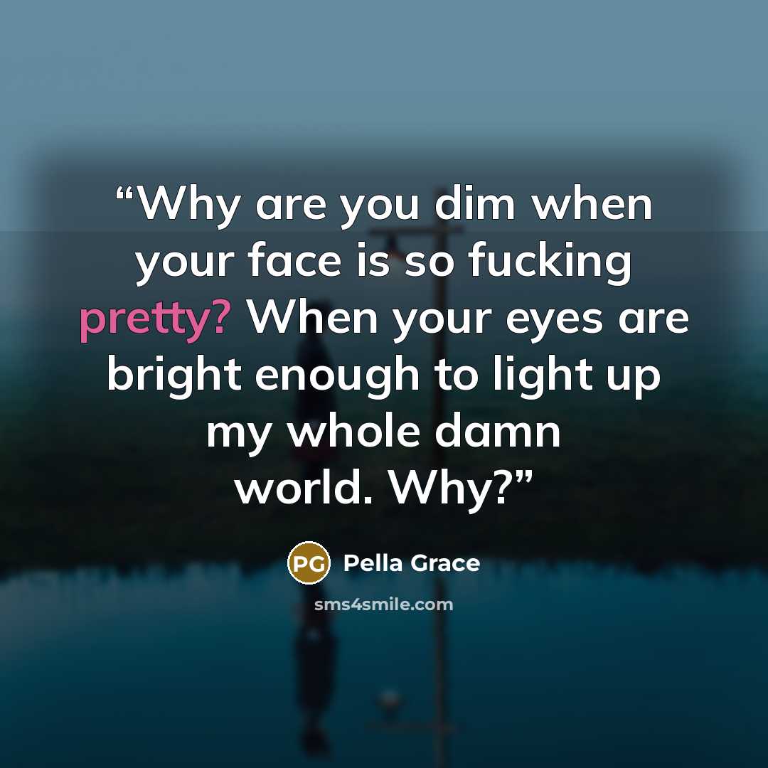 “Why are you dim when your face is so fucking pretty? When your eyes are bright enough to light up my whole damn world. Why?” quote by Pella Grace