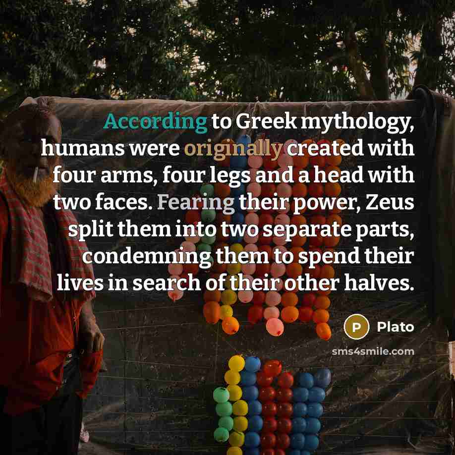 “According to Greek mythology, humans were originally created with four arms, four legs and a head with two faces. Fearing their power, Zeus split them into two separate parts, condemning them to spend their lives in search of their other halves.” quote by Plato