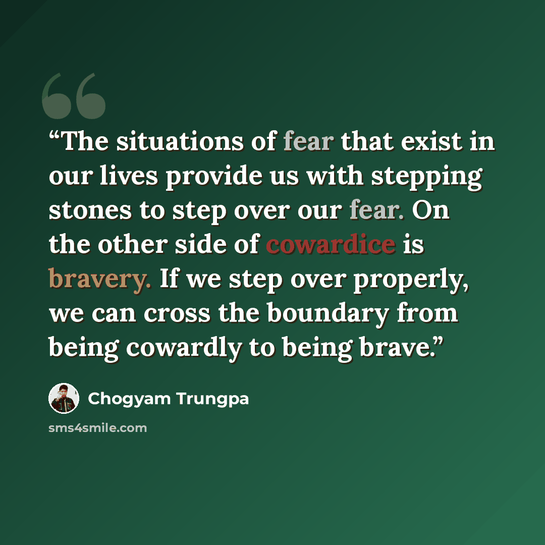 “The situations of fear that exist in our lives provide us with stepping stones to step over our fear. On the other side of cowardice is bravery. If we step over properly, we can cross the boundary from being cowardly to being brave.” quote by Chögyam Trungpa