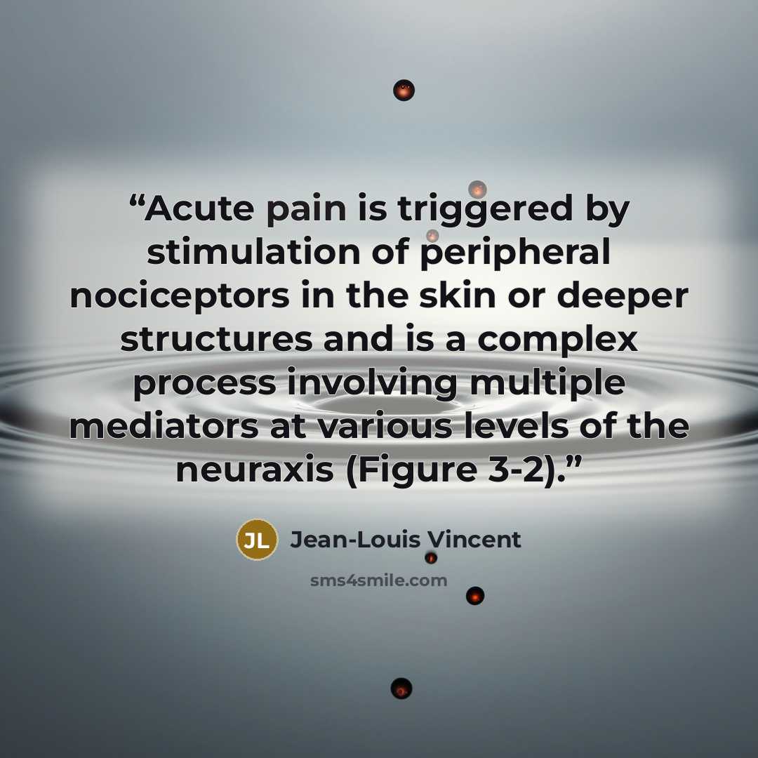 “Acute pain is triggered by stimulation of peripheral nociceptors in the skin or deeper structures and is a complex process involving multiple mediators at various levels of the neuraxis (Figure 3-2).” quote by Jean-Louis Vincent