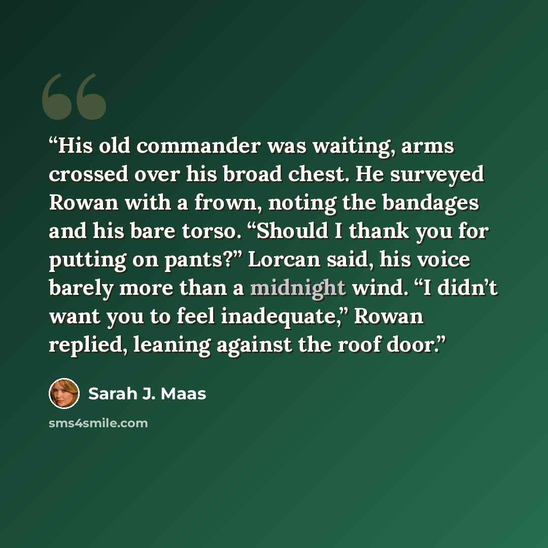 “His old commander was waiting, arms crossed over his broad chest. He surveyed Rowan with a frown, noting the bandages and his bare torso. “Should I thank you for putting on pants?” Lorcan said, his voice barely more than a midnight wind. “I didn’t want you to feel inadequate,” Rowan replied…” quote by Sarah J. Maas