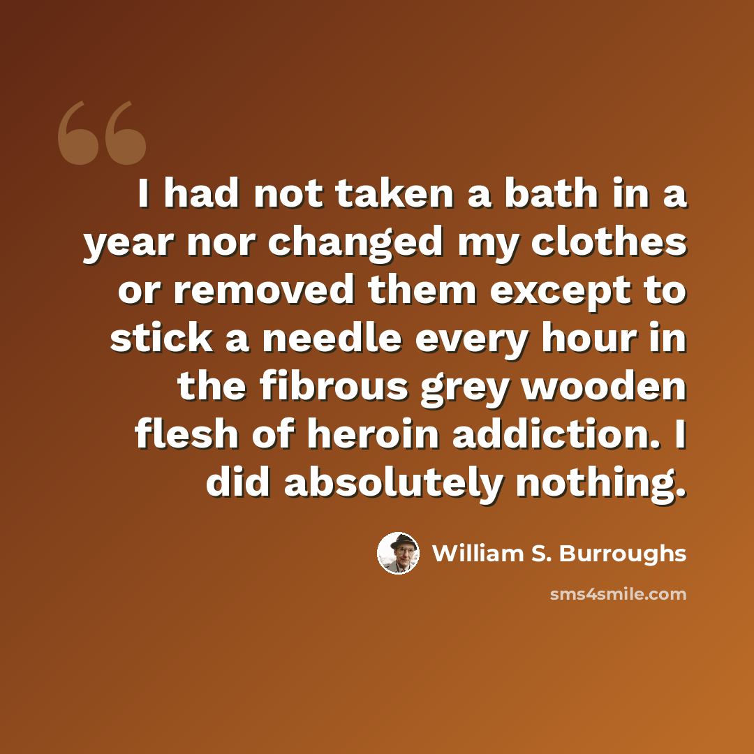 “I had not taken a bath in a year nor changed my clothes or removed them except to stick a needle every hour in the fibrous grey wooden flesh of heroin addiction. I did absolutely nothing.” quote by William S. Burroughs