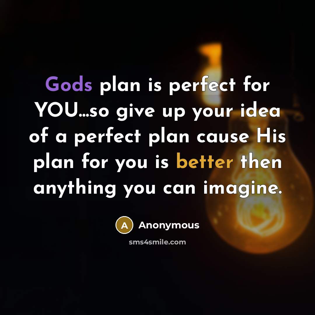 “Gods plan is perfect for YOU...so give up your idea of a perfect plan cause His plan for you is better then anything you can imagine.” quote by Anonymous