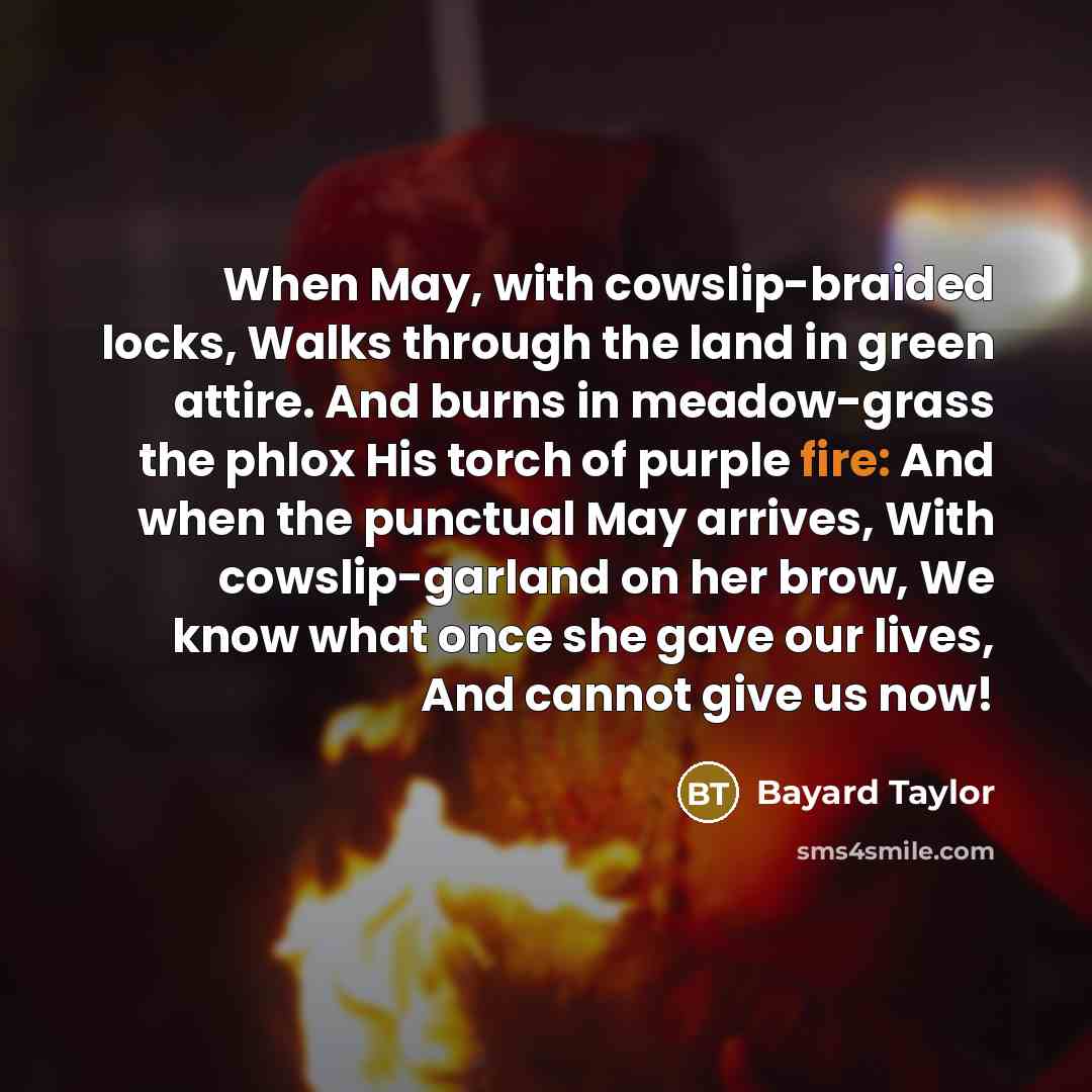“When May, with cowslip-braided locks, Walks through the land in green attire. And burns in meadow-grass the phlox His torch of purple fire: And when the punctual May arrives, With cowslip-garland on her brow, We know what once she gave our lives, And cannot give us now!” quote by Bayard Taylor