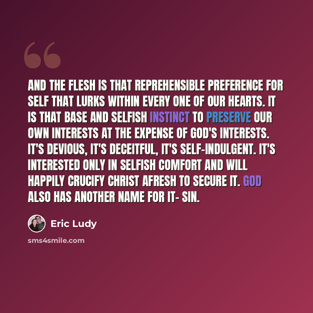 “And the flesh is that reprehensible preference for self that lurks within every one of our hearts. It is that base and selfish instinct to preserve our own interests at the expense of God's interests. It's devious, it's deceitful, it's self-indulgent. It's interested only in selfish comfort and…” quote by Eric Ludy