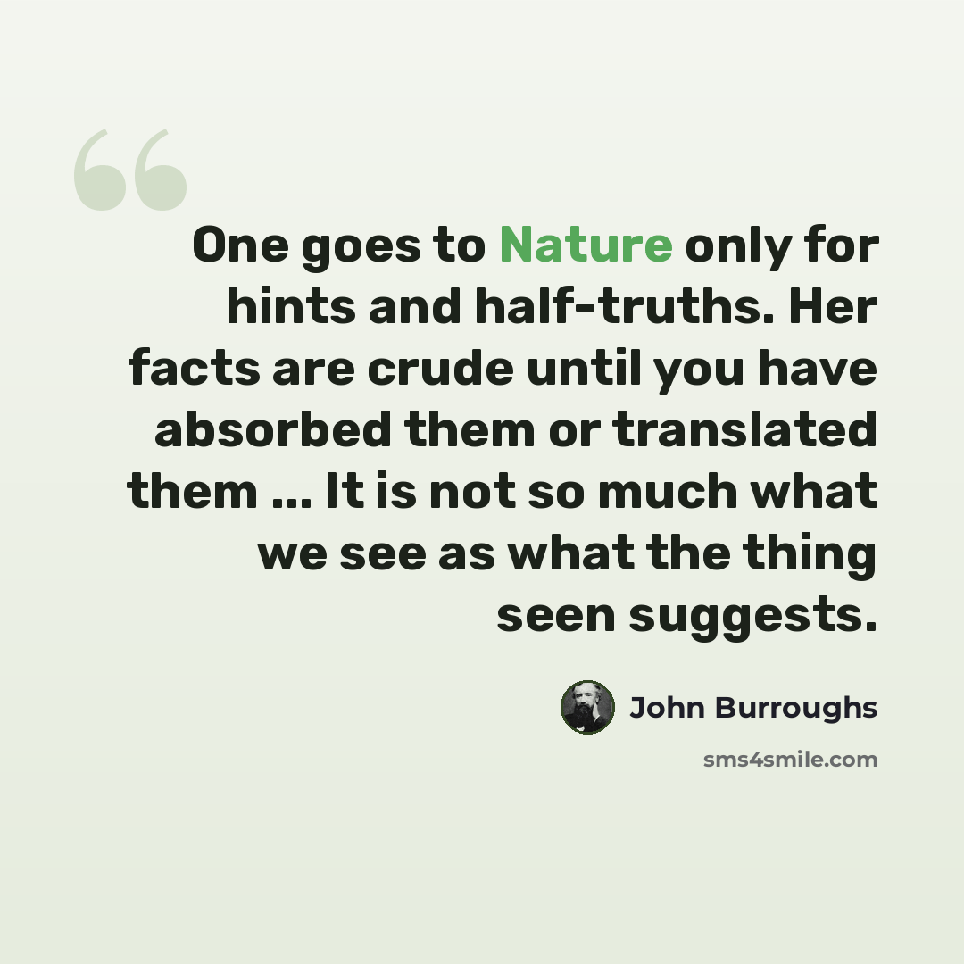 “One goes to Nature only for hints and half-truths. Her facts are crude until you have absorbed them or translated them ... It is not so much what we see as what the thing seen suggests.” quote by John Burroughs
