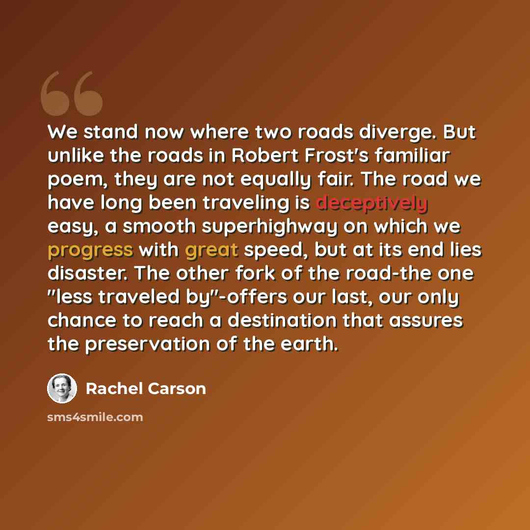 “We stand now where two roads diverge. But unlike the roads in Robert Frost's familiar poem, they are not equally fair. The road we have long been traveling is deceptively easy, a smooth superhighway on which we progress with great speed, but at its end lies disaster. The other fork of the road-the…” quote by Rachel Carson