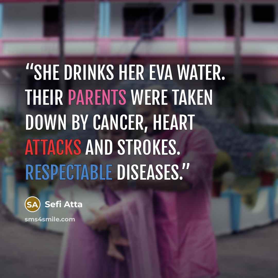 “She drinks her Eva water. Their parents were taken down by cancer, heart attacks and strokes. Respectable diseases.” quote by Sefi Atta