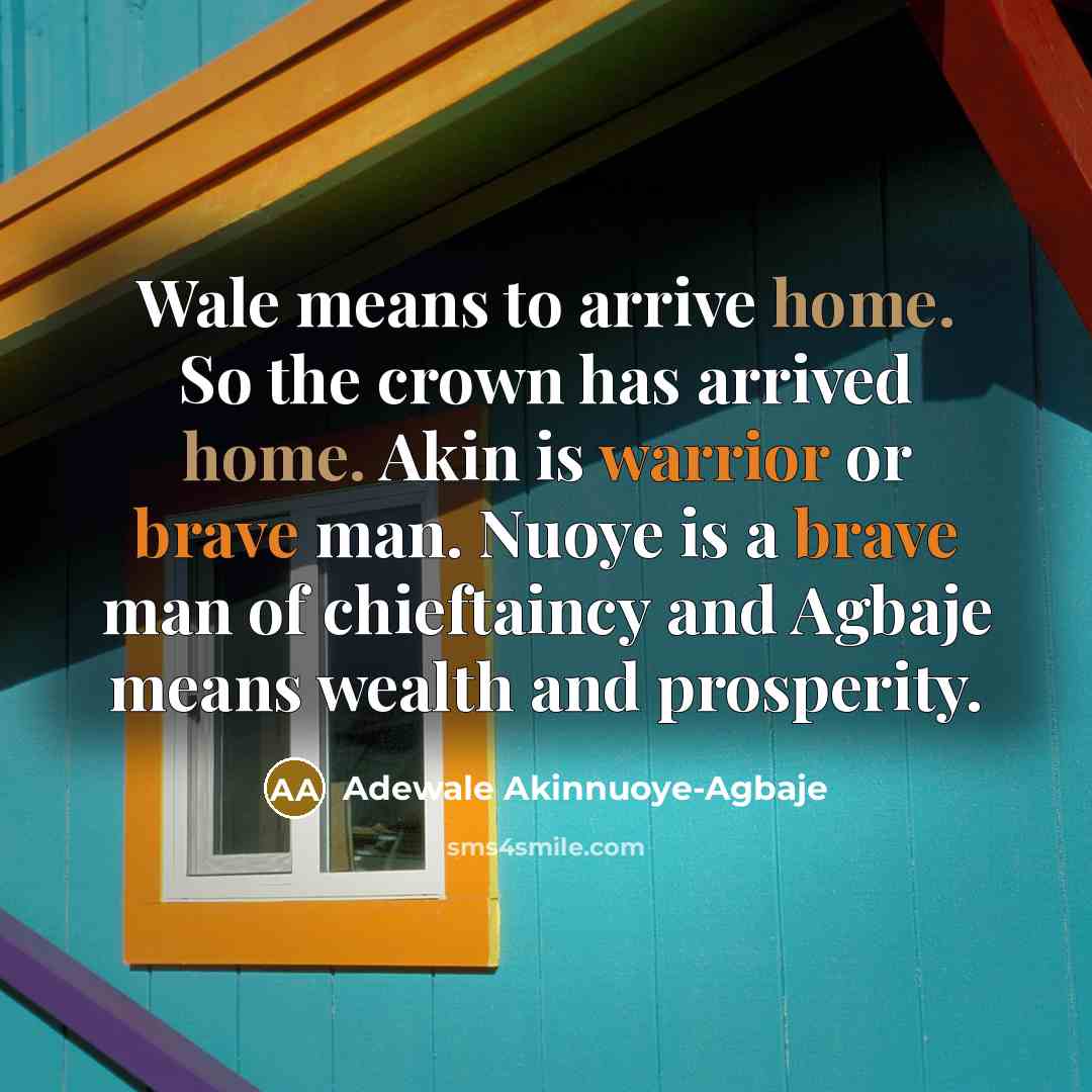 “Wale means to arrive home. So the crown has arrived home. Akin is warrior or brave man. Nuoye is a brave man of chieftaincy and Agbaje means wealth and prosperity.” quote by Adewale Akinnuoye-Agbaje