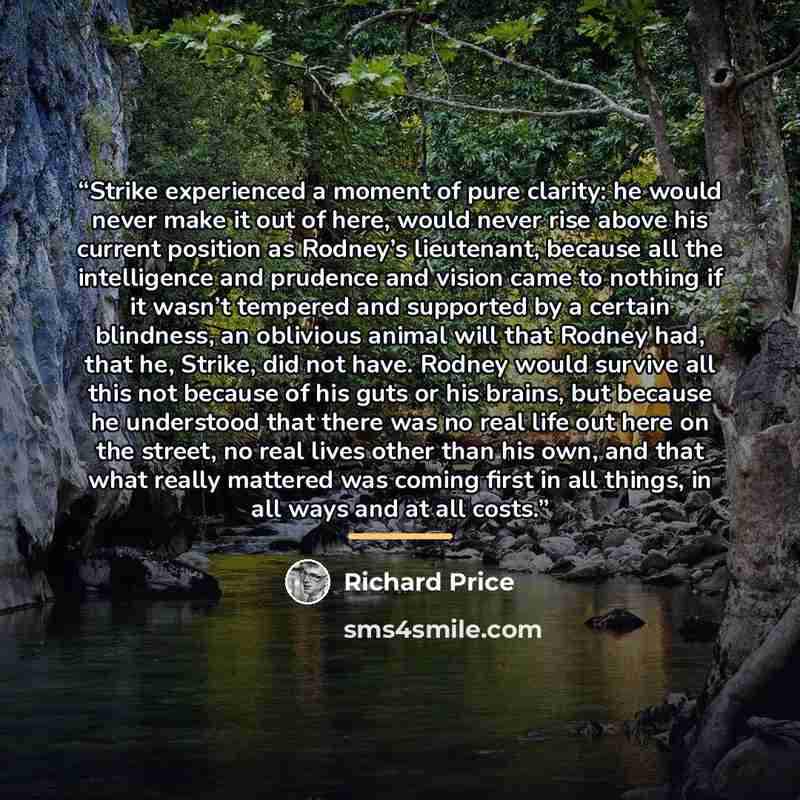 “Strike experienced a moment of pure clarity: he would never make it out of here, would never rise above his current position as Rodney’s lieutenant, because all the intelligence and prudence and vision came to nothing if it wasn’t tempered and supported by a certain blindness, an oblivious animal…” quote by Richard Price