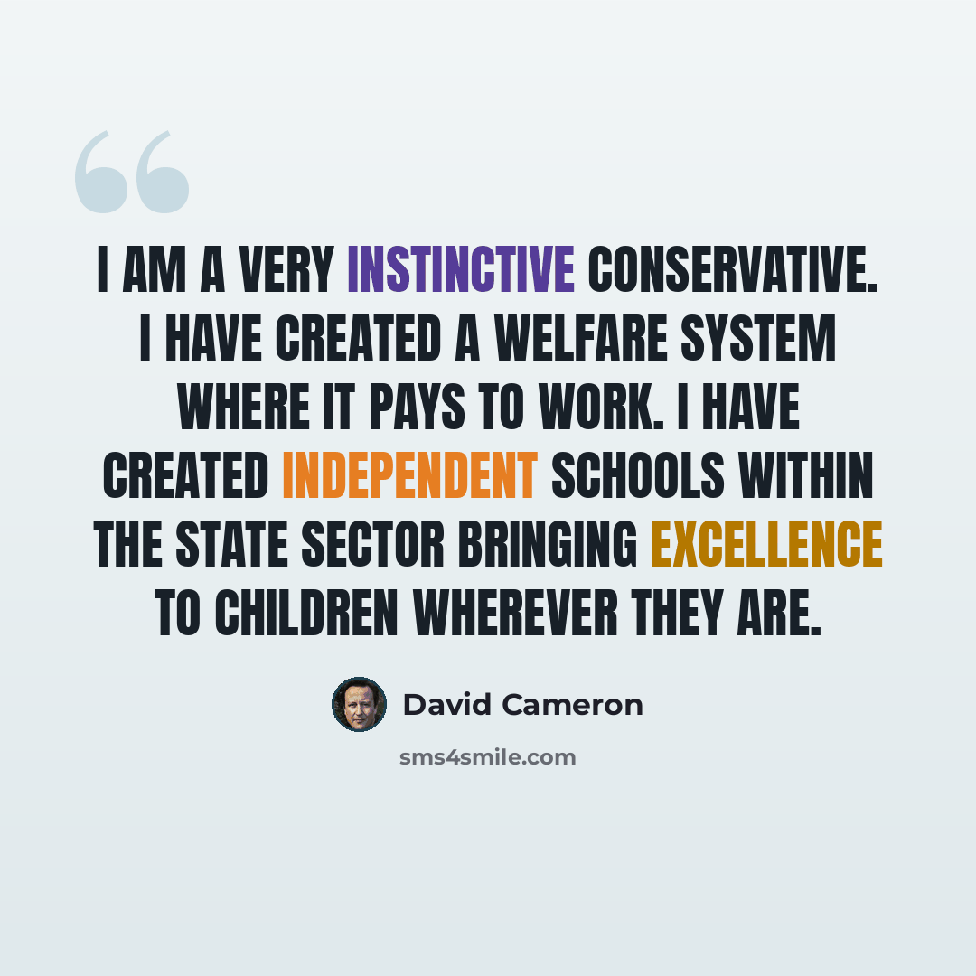 “I am a very instinctive Conservative. I have created a welfare system where it pays to work. I have created independent schools within the state sector bringing excellence to children wherever they are.” quote by David Cameron
