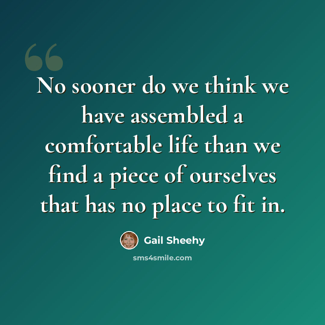 “No sooner do we think we have assembled a comfortable life than we find a piece of ourselves that has no place to fit in.” quote by Gail Sheehy