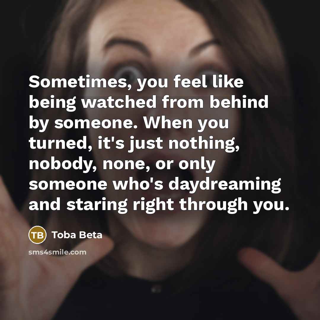 “Sometimes, you feel like being watched from behind by someone. When you turned, it's just nothing, nobody, none, or only someone who's daydreaming and staring right through you.” quote by Toba Beta