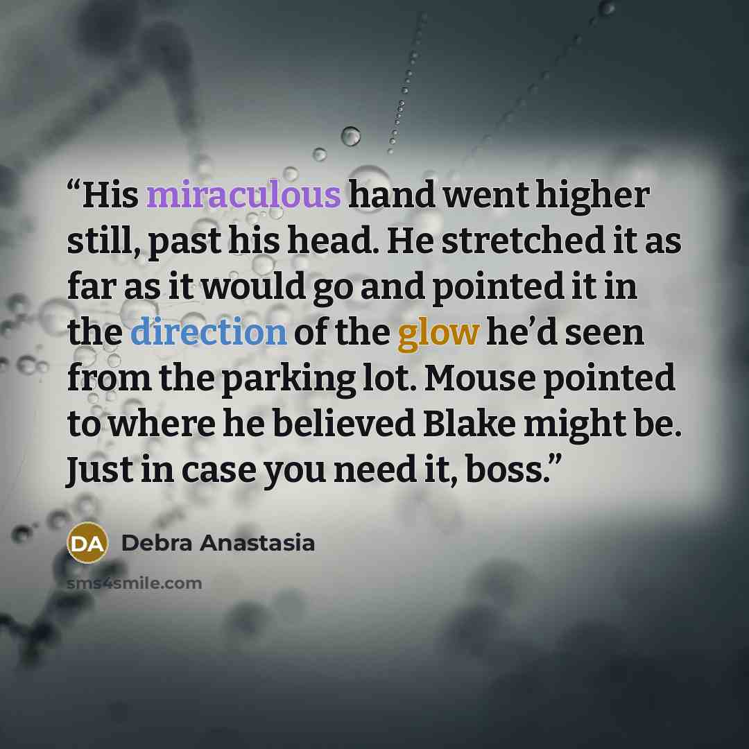 “His miraculous hand went higher still, past his head. He stretched it as far as it would go and pointed it in the direction of the glow he’d seen from the parking lot. Mouse pointed to where he believed Blake might be. Just in case you need it, boss.” quote by Debra Anastasia