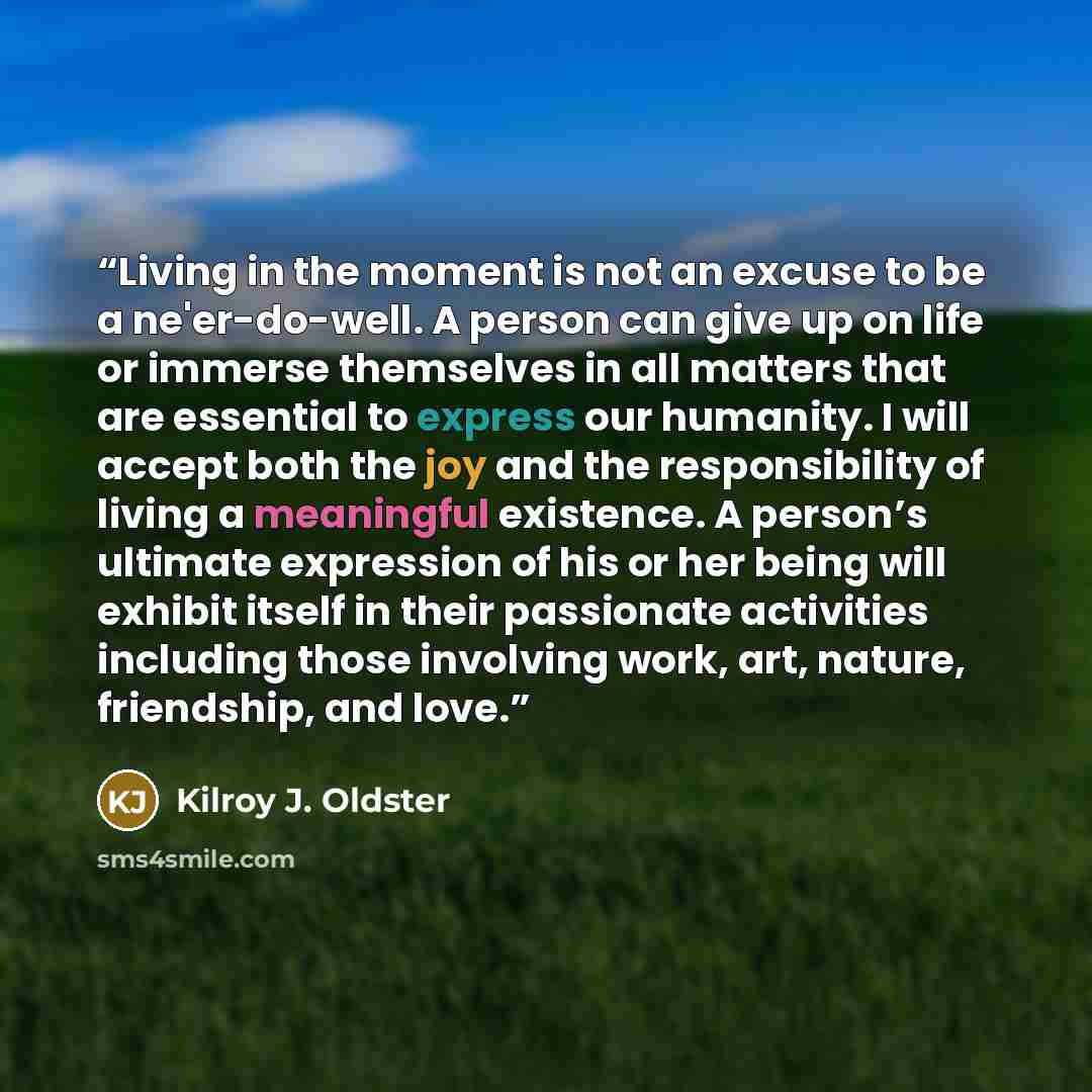 “Living in the moment is not an excuse to be a ne'er-do-well. A person can give up on life or immerse themselves in all matters that are essential to express our humanity. I will accept both the joy and the responsibility of living a meaningful existence. A person’s ultimate expression of his or…” quote by Kilroy J. Oldster