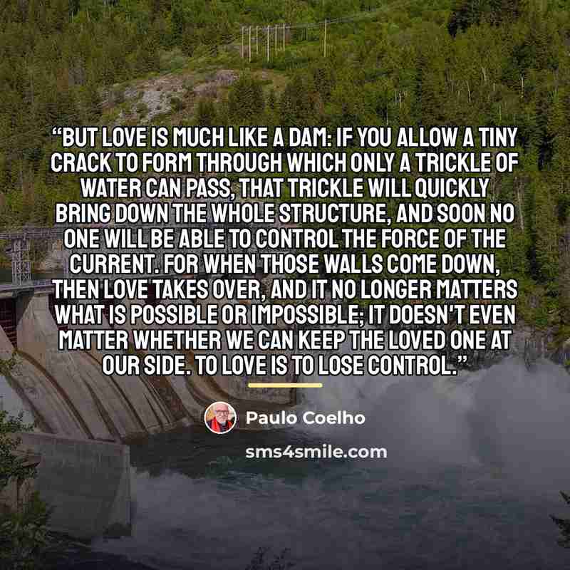 “But love is much like a dam: if you allow a tiny crack to form through which only a trickle of water can pass, that trickle will quickly bring down the whole structure, and soon no one will be able to control the force of the current. For when those walls come down, then love takes over, and it no…” quote by Paulo Coelho