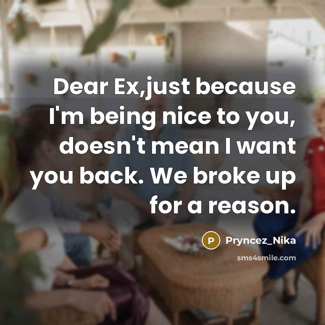 “Dear Ex,just because I'm being nice to you, doesn't mean I want you back. We broke up for a reason.” quote by Pryncez_Nika