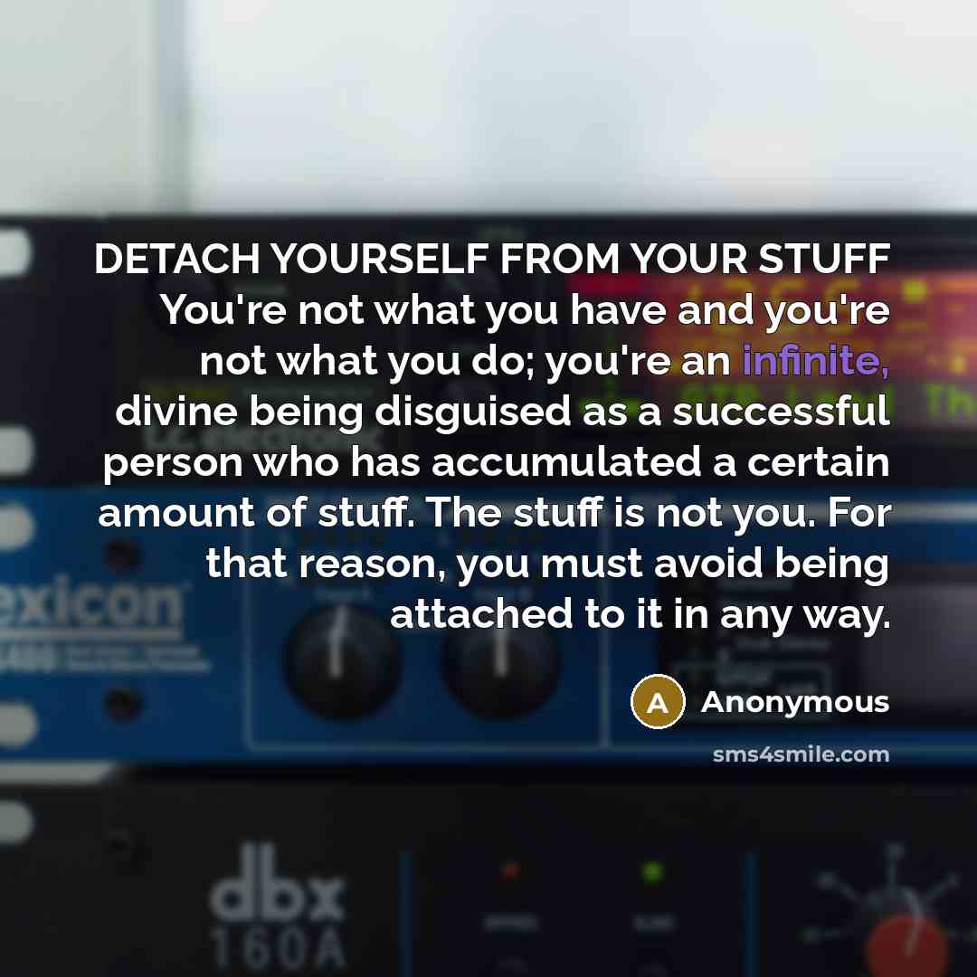 “DETACH YOURSELF FROM YOUR STUFF You're not what you have and you're not what you do; you're an infinite, divine being disguised as a successful person who has accumulated a certain amount of stuff. The stuff is not you. For that reason, you must avoid being attached to it in any way.” quote by Anonymous
