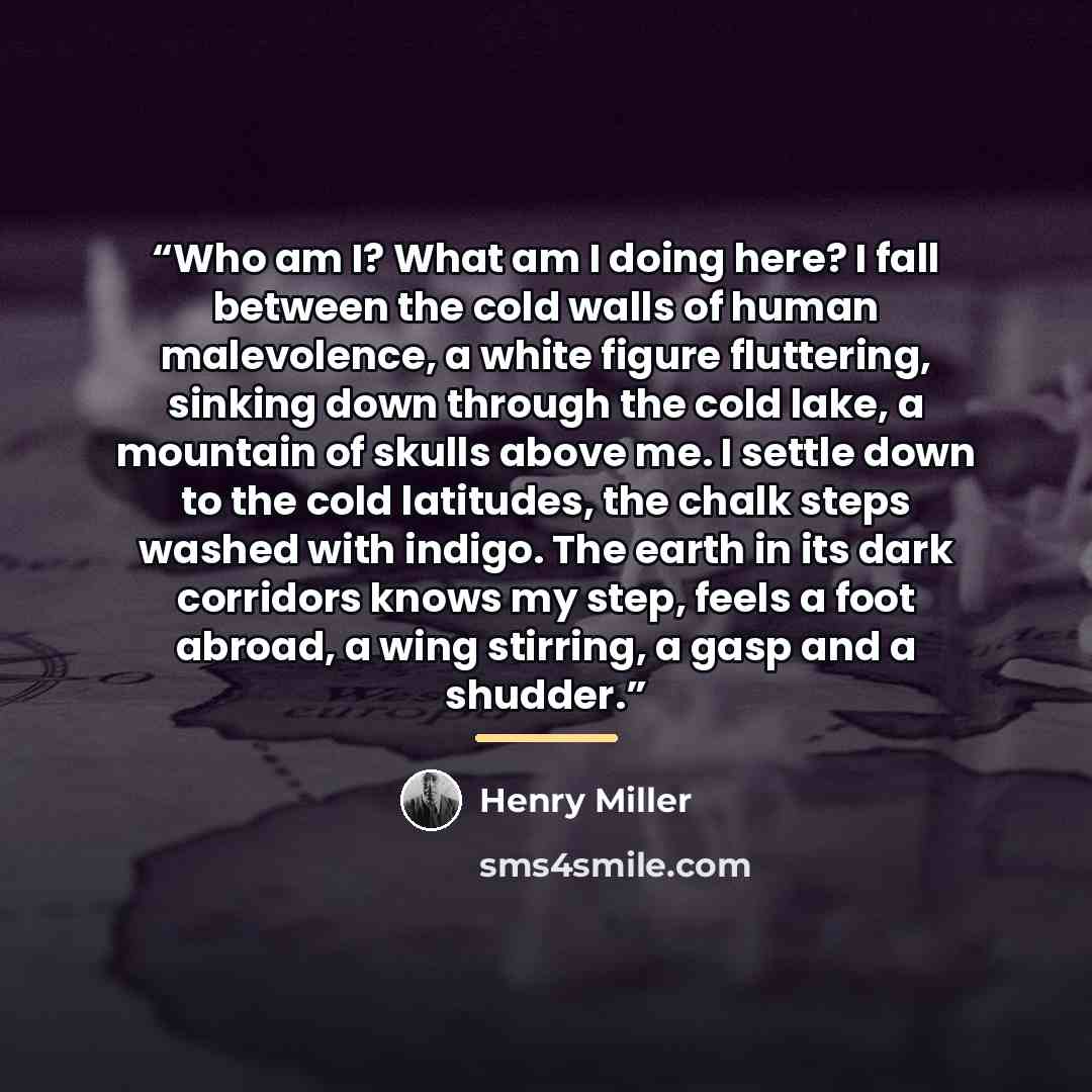 “Who am I? What am I doing here? I fall between the cold walls of human malevolence, a white figure fluttering, sinking down through the cold lake, a mountain of skulls above me. I settle down to the cold latitudes, the chalk steps washed with indigo. The earth in its dark corridors knows my step…” quote by Henry Miller