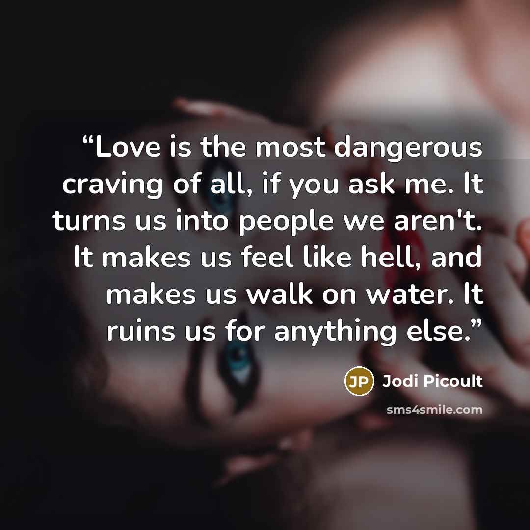 “Love is the most dangerous craving of all, if you ask me. It turns us into people we aren't. It makes us feel like hell, and makes us walk on water. It ruins us for anything else.” quote by Jodi Picoult
