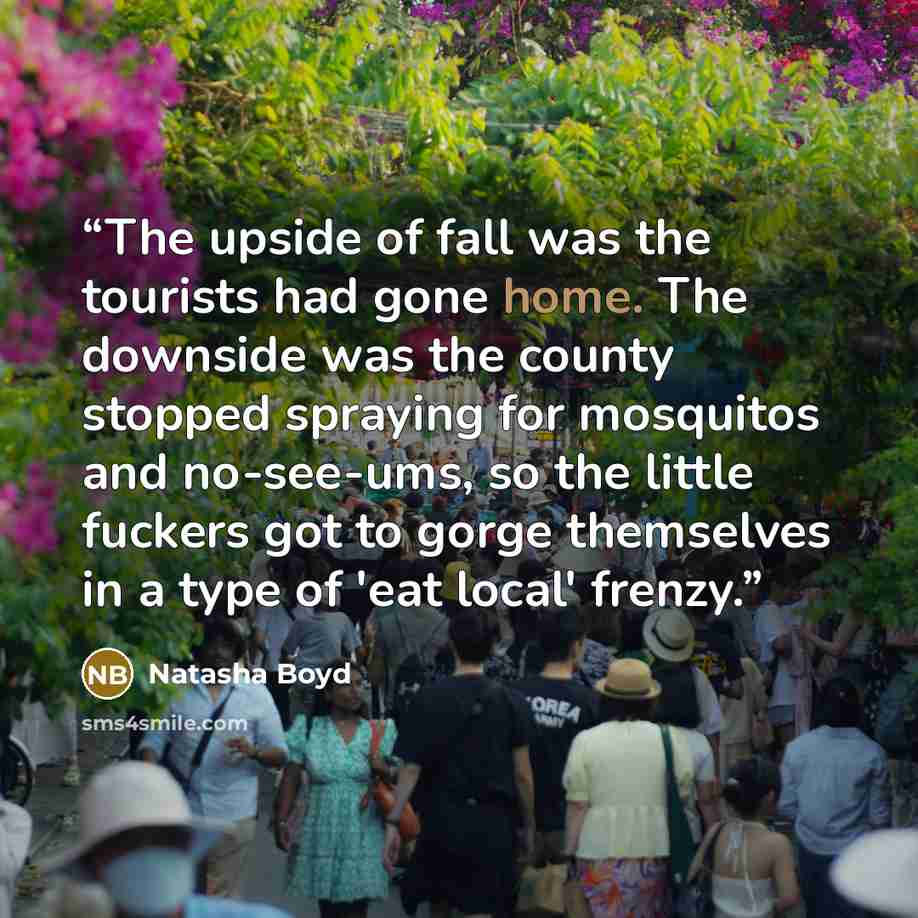 “The upside of fall was the tourists had gone home. The downside was the county stopped spraying for mosquitos and no-see-ums, so the little fuckers got to gorge themselves in a type of 'eat local' frenzy.” quote by Natasha Boyd