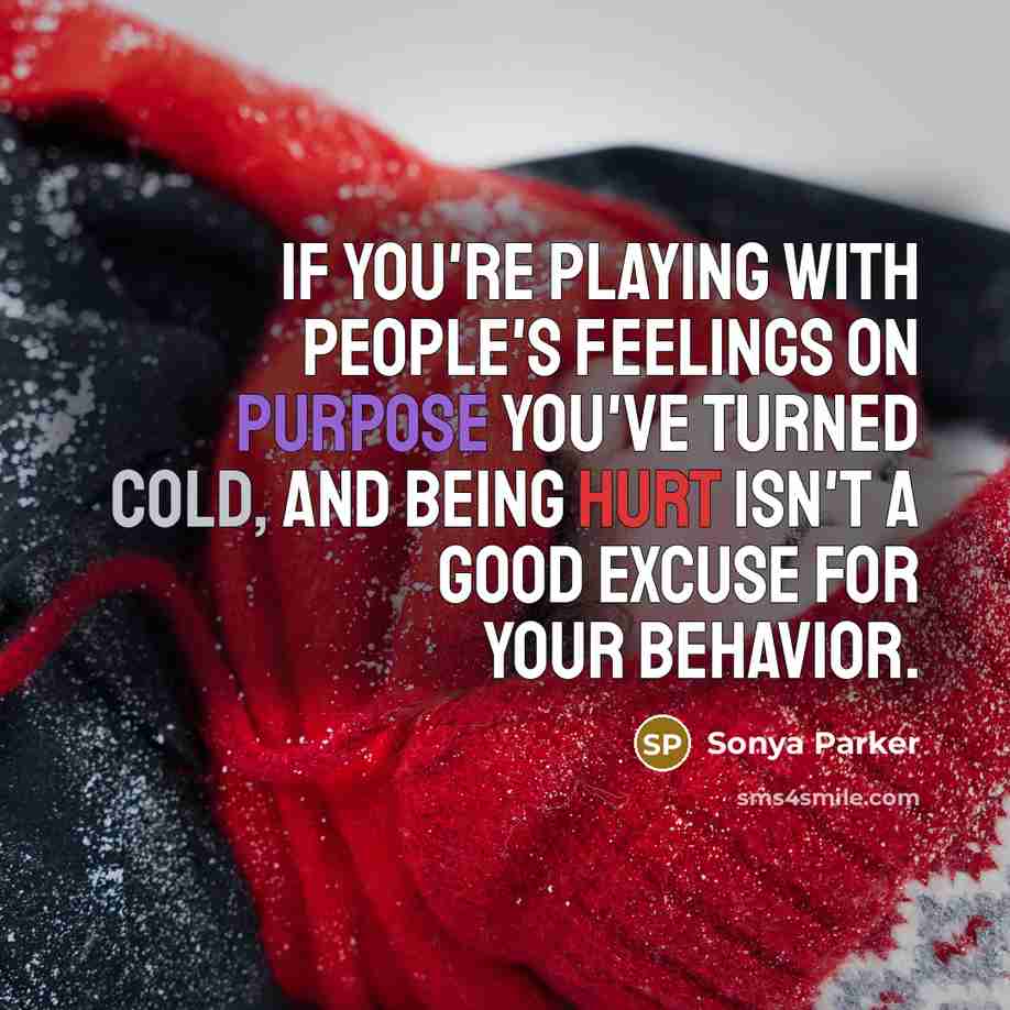 “If you're playing with people's feelings on purpose you've turned cold, and being hurt isn't a good excuse for your behavior.” quote by Sonya Parker