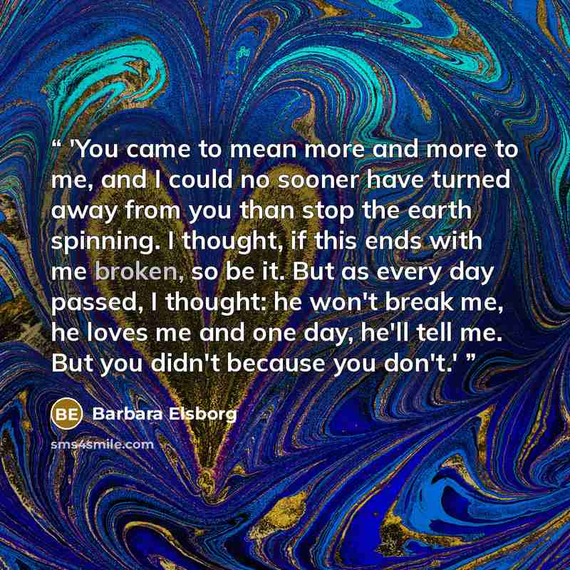 “'You came to mean more and more to me, and I could no sooner have turned away from you than stop the earth spinning. I thought, if this ends with me broken, so be it. But as every day passed, I thought: he won't break me, he loves me and one day, he'll tell me. But you didn't because you don't.'” quote by Barbara Elsborg