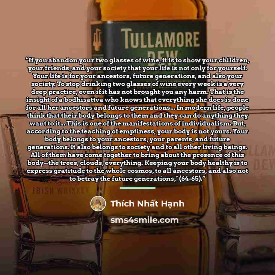 “If you abandon your two glasses of wine, it is to show your children, your friends, and your society that your life is not only for yourself. Your life is for your ancestors, future generations, and also your society. To stop drinking two glasses of wine every week is a very deep practice, even if…” quote by Thich Nhat Hanh